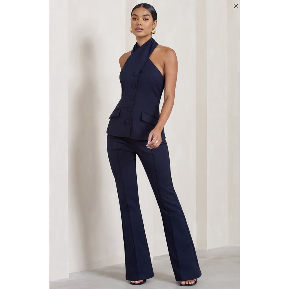 Club L Women's Navy Pant Suit Cross Halter Sleeveless Blazer Top & Trousers US 2